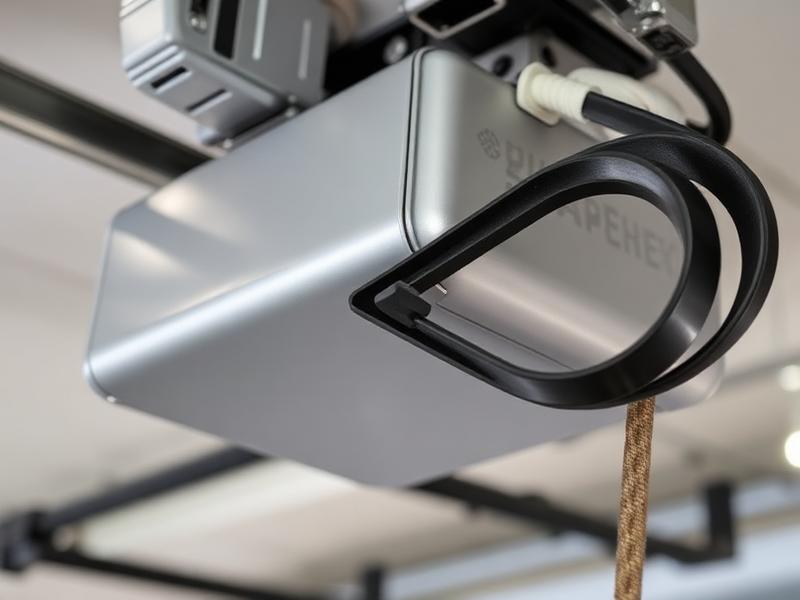 Garage door belt mechanism close-up showing replacement parts