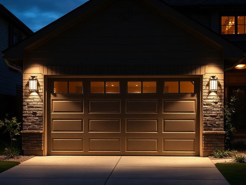 Garage with security lighting installed at dusk