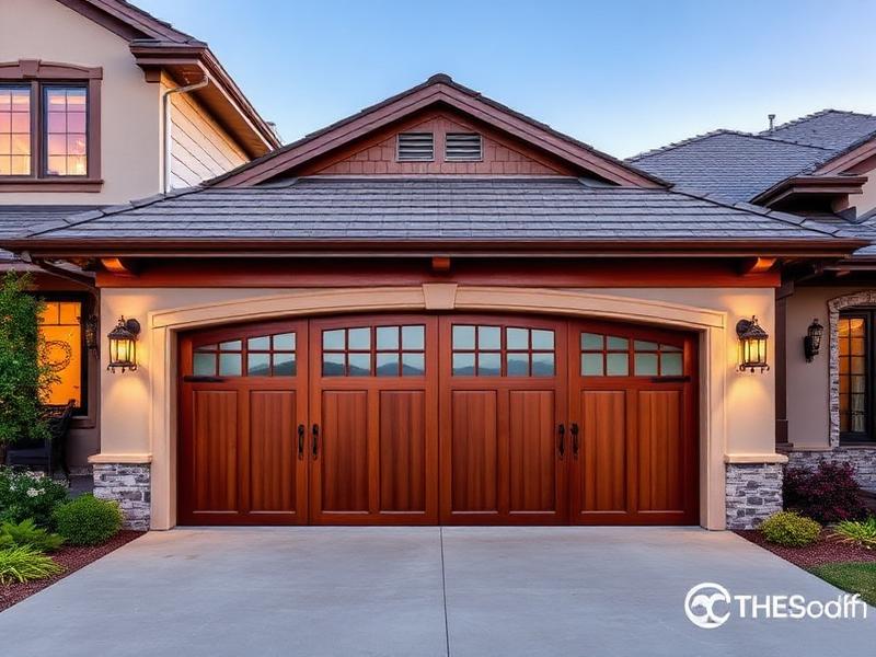 Beautiful carriage-style wooden garage door on elegant home