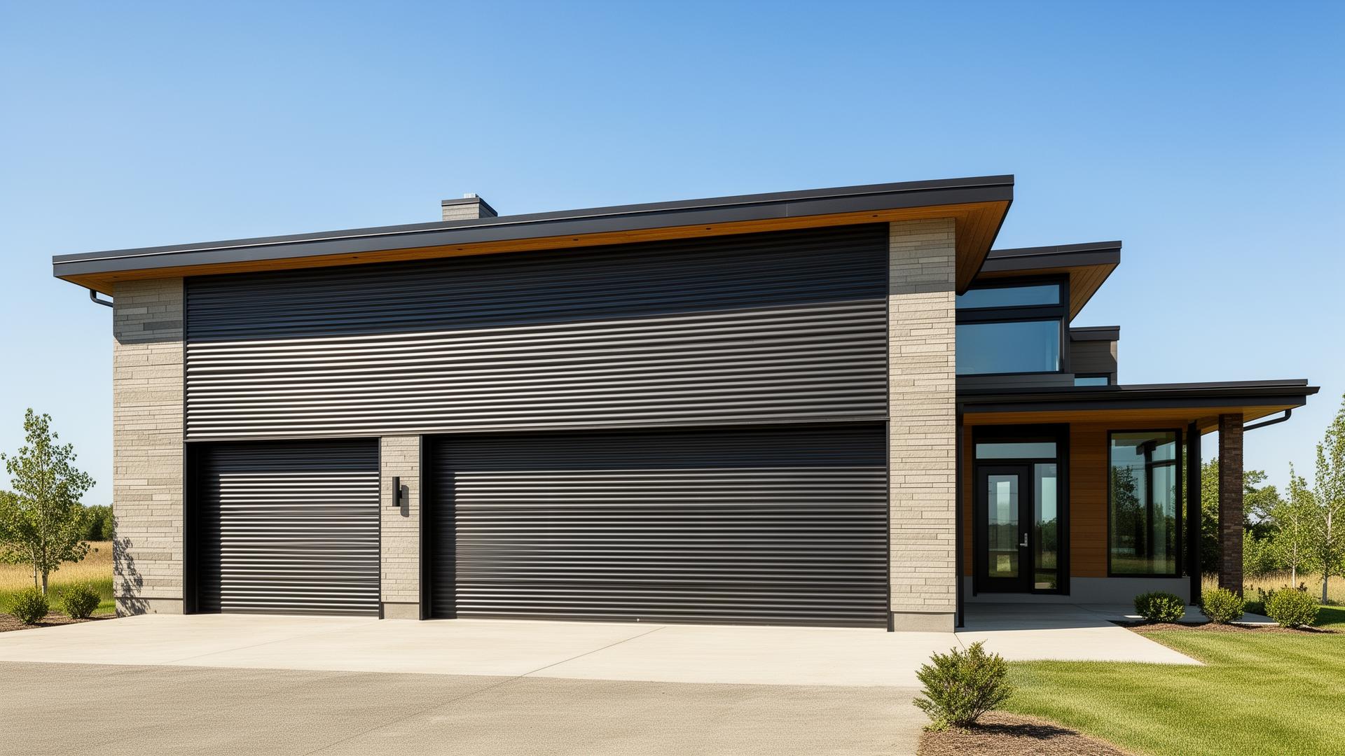 Modern prairie style home with industrial ribbed steel garage doors