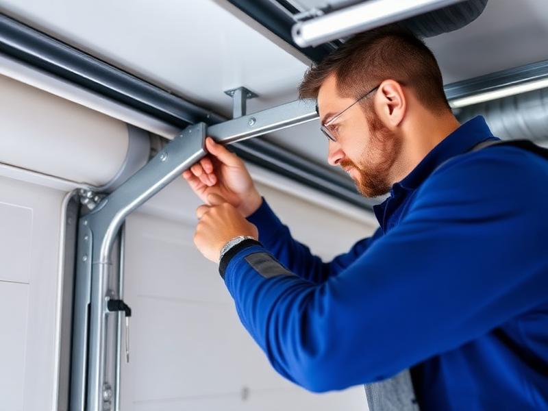 Technician adjusting garage door track alignment